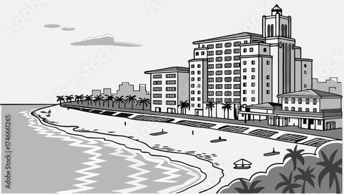 Coastal Cityscape Illustration Beachfront Hotel and Palm Trees.