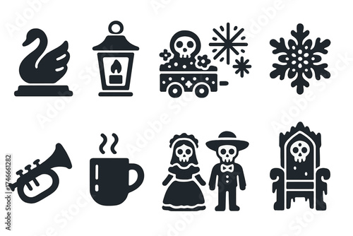 Day of the dead silhouette icon set. skeletons, flowers, and lanterns symbols