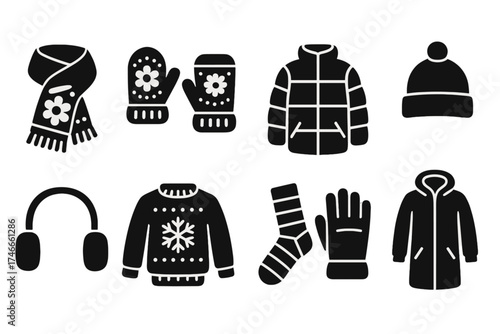 Winter clothing silhouette icon set: cozy apparel, accessories, and gear collection