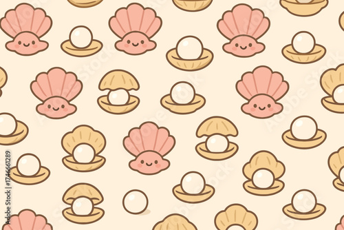 Cute kawaii seamless pattern of smiling seashells with pearls on a soft yellow background