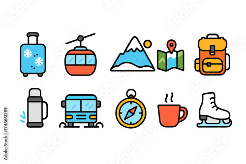 Winter travel and adventure icon set. flat style for outdoor exploration themes.