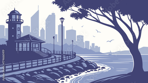 Coastal Cityscape with Lighthouse and Promenade Seascape Illustration Waterfront View Urban Nature Scene.