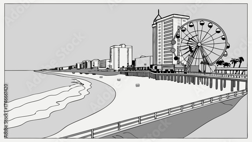 Coastal Cityscape with Ferris Wheel and Beach.