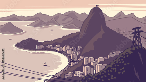 Coastal Cityscape with Mountain and Ocean View Illustrated Vector Art.