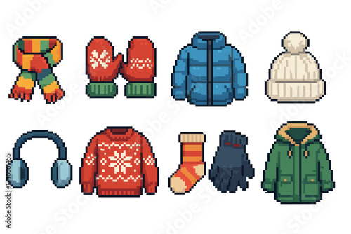 Winter clothing icon set in pixel art. sweater, jacket, scarf pixel icons collection.