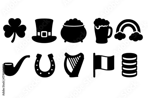 St. patrick's day silhouette icon set. festive holiday symbols collection.