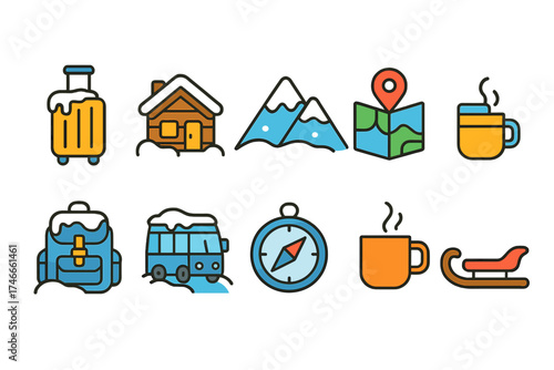 Travel, tourism filled icon set for vacations, maps, and adventure essentials