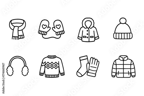 Winter clothing outline icon set. cozy fashion essentials for cold weather attire.