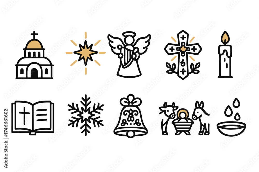 Naklejka premium Christmas, holiday line icon set. festive, religious symbols in outline design