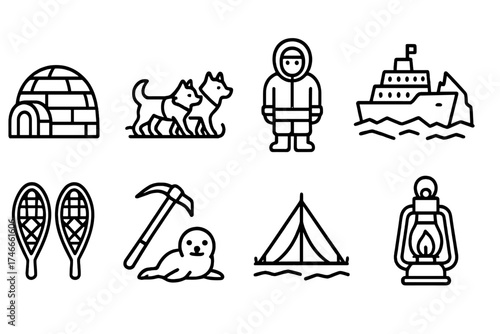 Arctic exploration line icon set. igloo, sled dogs, expedition icons collection