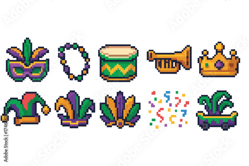 Mardi gras pixel icon set. colorful celebration icons in pixel art style