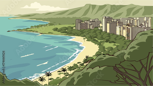 Coastal Cityscape Ocean View Tropical Beach Sandy Shore Green Hills Vacation Summer Holiday Tourism Travel Seaside Skyline Buildings Nature Landscape Palm Trees Exotic Idyllic P.