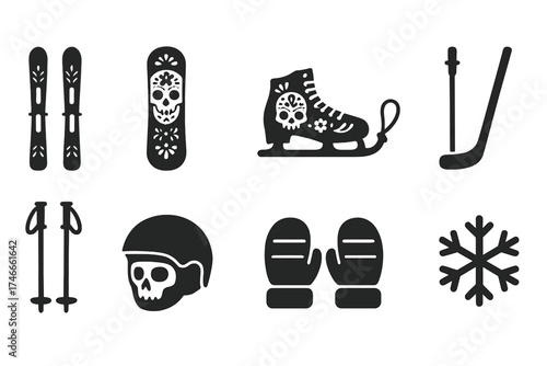 Winter sports silhouette icon set featuring ski, snowboard, hockey, ice skate motifs