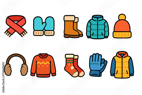 Winter clothing icon set. cozy, warm accessories and apparel in flat style.