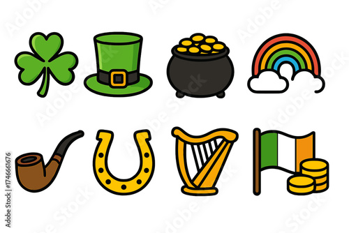 St. patrick's day, irish symbols filled icon set. shamrock, leprechaun hat collection