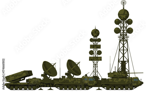 Military radar system, missile launcher, command vehicle, communication tower, defense technology, camouflage equipment, battlefield surveillance, mobile warfare, tactical operations, army hardware, 