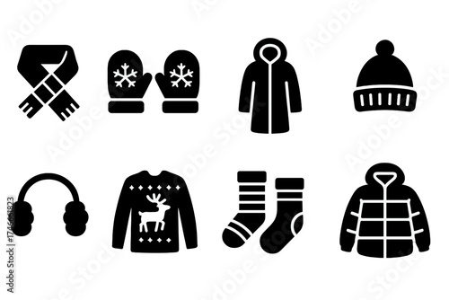 Winter clothing solid icon set. warm apparel silhouette icons for chilly seasons.