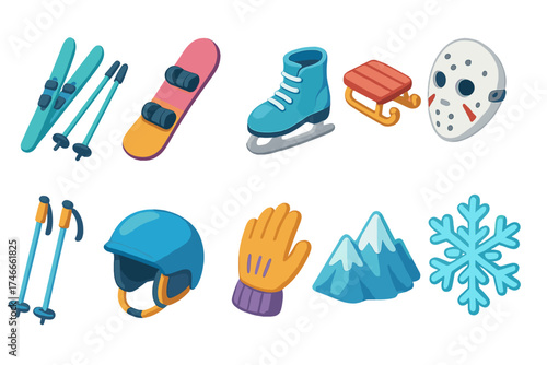 Winter sports flat icon set. skiing, snowboarding, ice skating, winter activity icons