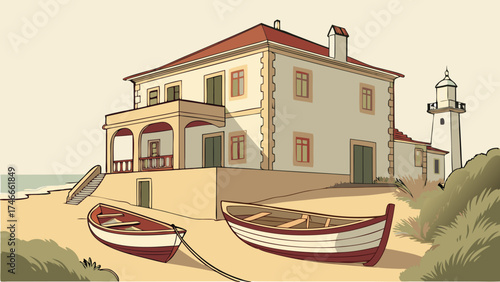 Coastal House with Boats and Lighthouse Illustration Seaside Home Summer Vacation Beach Scene Nautical Decor Travel Poster Mediterranean Style Rowboats on Sand Waterfront Property Calm O.