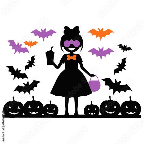 Halloween girl with pumpkins and bats. Cute trick or treat child holding bucket and drink