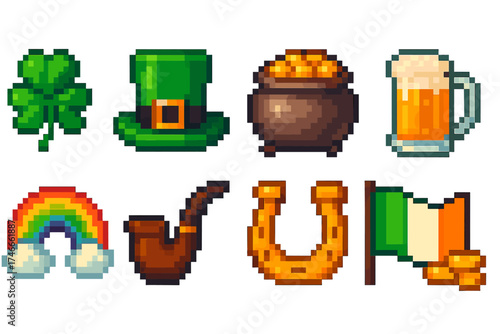 St. patrick’s day icon set: lucky pixel art symbols for festive celebrations