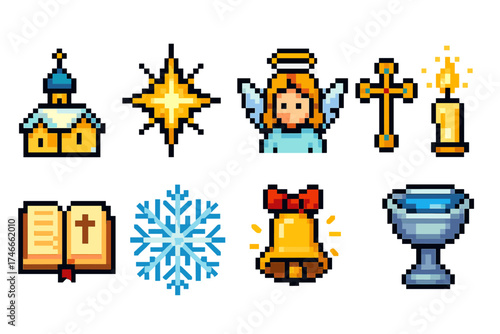 Christian pixel art icon set. church, worship, christmas pixel art icon collection
