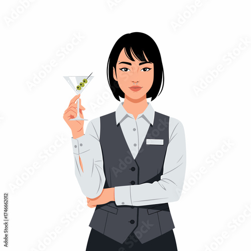 A young Asian woman in a bartender uniform holding a martini glass with olives.