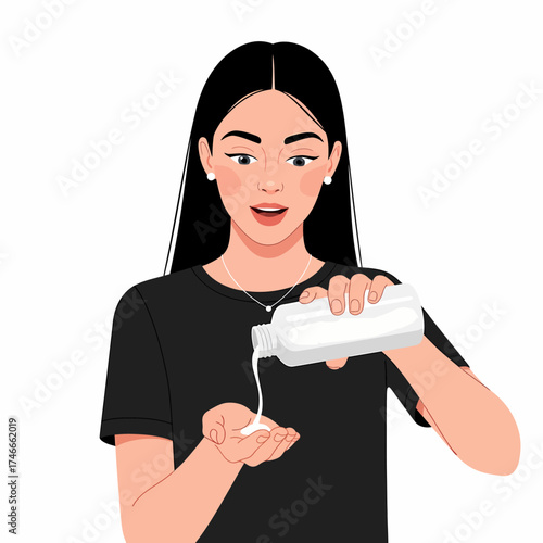A woman with long black hair is pouring lotion into her hand, looking surprised.