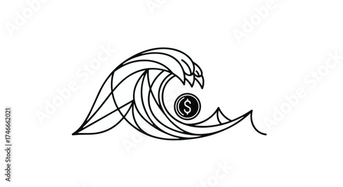 Stylized wave crashing over a coin, symbolizing financial risk or opportunity