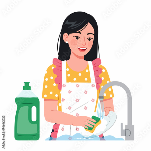 Woman washing dishes with soap and sponge in the kitchen sink, wearing an apron.