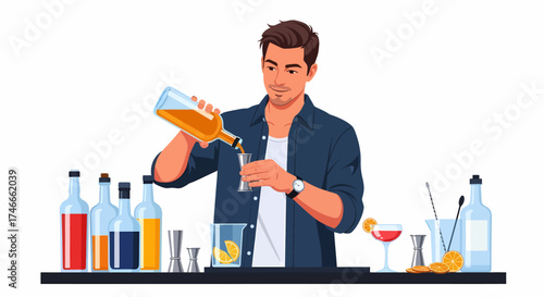 A male bartender in a blue shirt expertly pours a drink into a shot glass behind a bar filled with bottles and cocktail ingredients.