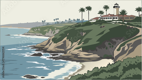 Coastal Lighthouse and Cliffside Villa Ocean View Illustration.