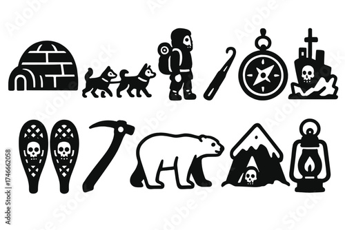 Adventure and exploration silhouette icon set. polar journey silhouette icons collection