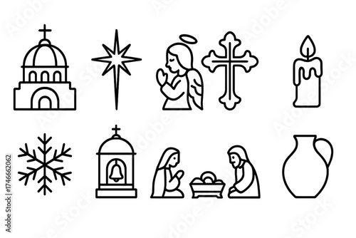 Christmas, christianity outline icon set: nativity, angel, church icons collection