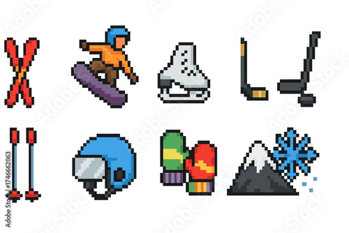 Winter sports icon set in pixel art style. skiing, snowboarding, ice skating icons