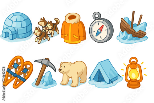 Exploration and adventure icon set. 3d camping, arctic expedition icons collection