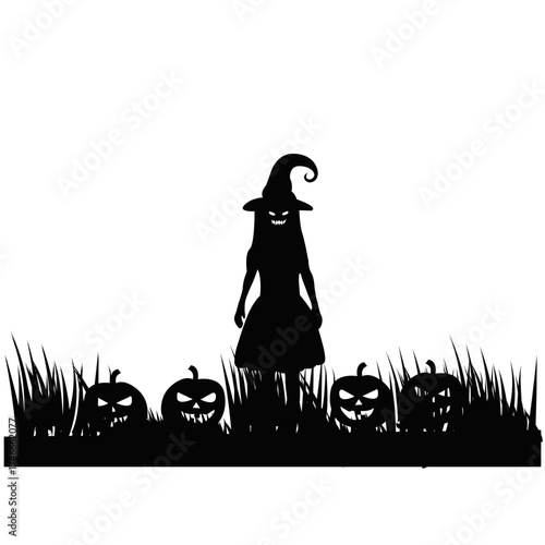 Halloween witch silhouette standing among pumpkins isolated on white background. Spooky vector illustration for horror, fantasy, magi, and witchcraft night design concept