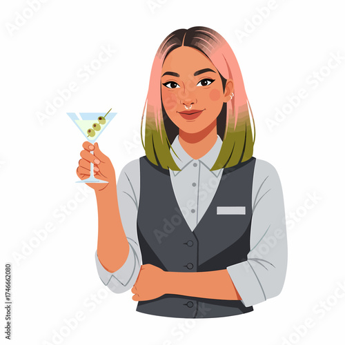 A smiling bartender with pink and green hair holds up a martini glass with olives.