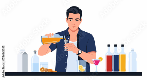 Bartender pouring a drink into a glass on a bar.