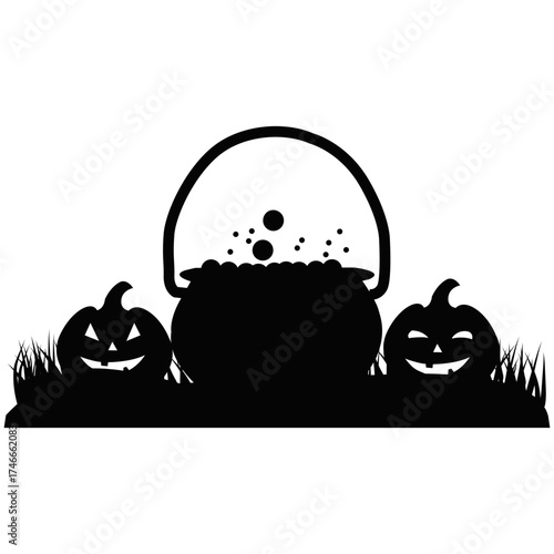 Halloween cauldron with bubbling potion and pumpkins silhouette isolated on white background. Spooky witchcraft vector illustration, horror, fantasy and magic design concept