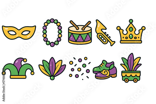Mardi gras festival flat icon set. celebrate with masks, beads, music, and more