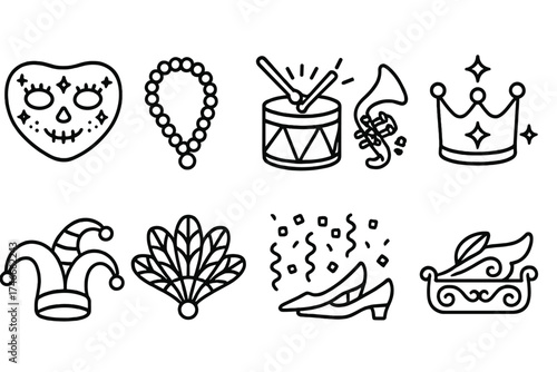 Mardi gras outline icon set. festive carnival masks, beads, and music instruments.