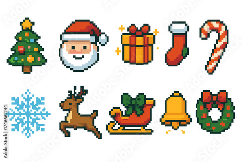 Christmas, holiday pixel art icon set. festive, 8-bit seasonal icons collection