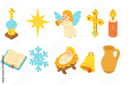 Christmas solid icon set. festive symbols, nativity scene, holiday decorations collection