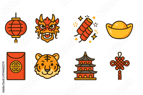 Chinese new year flat icon set featuring lanterns, dragons, and traditional symbols