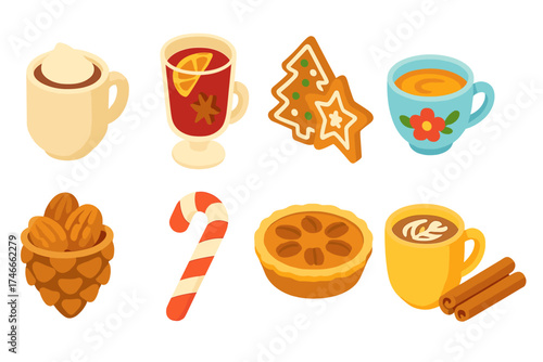 Holiday drinks and desserts flat icon set. seasonal treat icons flat collection