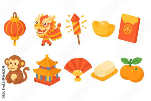 Chinese new year 3d icon set. lunar celebration, festival, traditional symbols collection