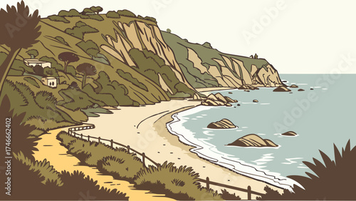 Coastal Path Sandy Beach Ocean View Cliffside Summer Vacation Travel Illustration.