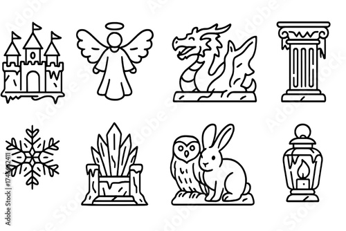 Fantasy, mythical creatures line icon set. dragons, castles, and angel line icons