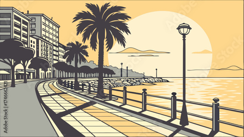 Coastal Promenade at Sunset Palm Trees Ocean View Cityscape Illustration.
